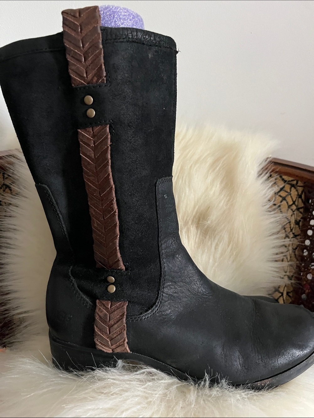UGG Black and Brown Mid-Calf Leather Suede Western Boot